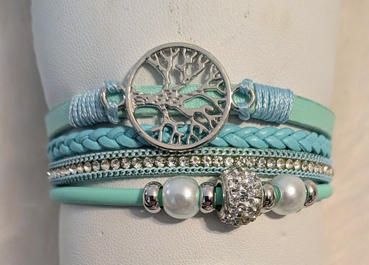 Bracelet 4 cuirs bleu et arbre de vie magnétique