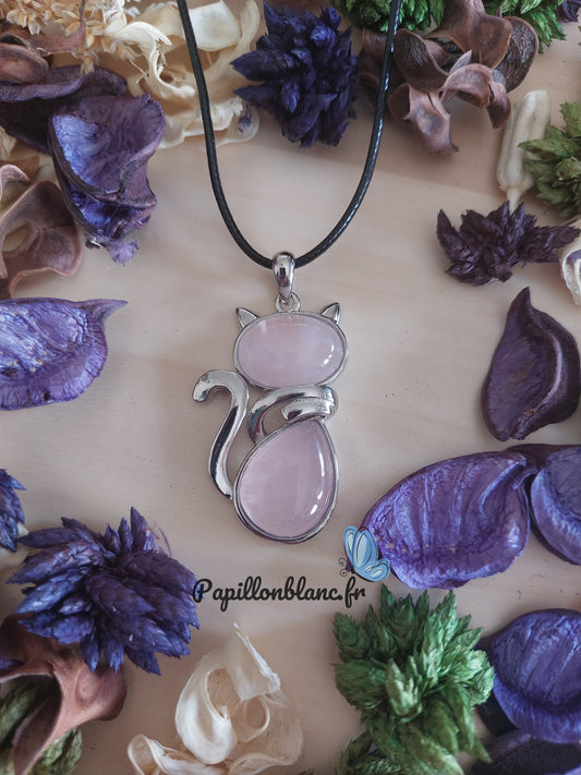 Pendentif Chat de Quartz Rose